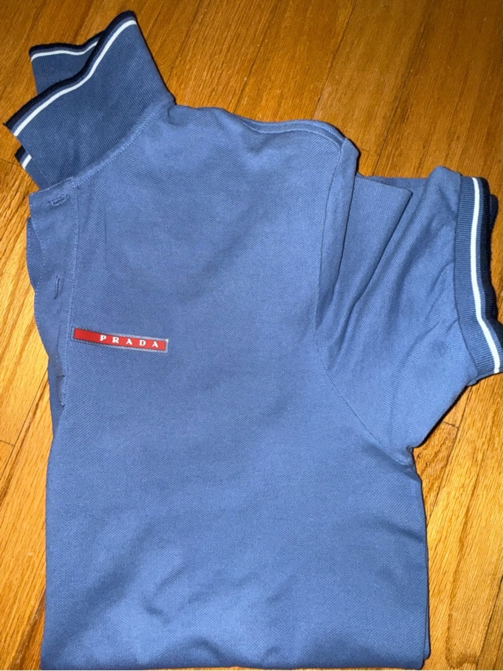 Prada Navy Polo with Red Logo and White-Trim Collar men medium slim